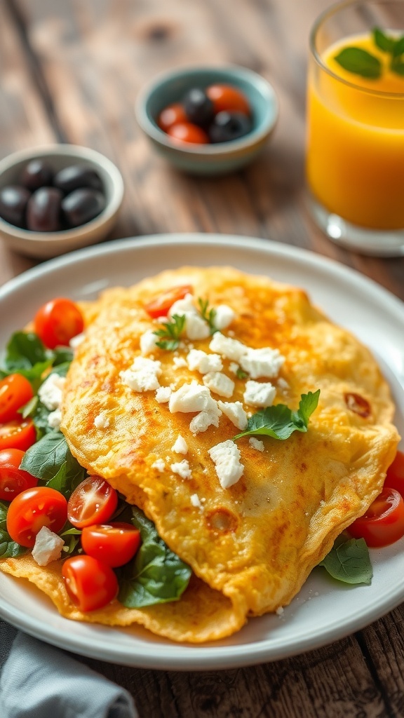 Mediterranean Feta Omelet Recipe A golden Mediterranean feta omelet with spinach and tomatoes, garnished with herbs, on a rustic table with olives and orange juice.